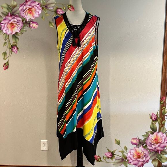 Multicolor Striped Sleeveless deep v-neck midi Dress size large - Picture 1 of 14
